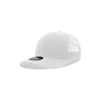 A white youth trucker cap featuring a structured mid-profile and mesh panels, with a logo on the front.