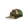 A camo-patterned trucker cap featuring a structured mid-profile design and a branded tag.