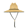 A straw lifeguard hat in natural tones with a black band and chin strap. It features a wide brim for sun protection.