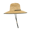 A straw lifeguard hat in natural tones with a wide brim and adjustable chin strap. It features a black accent.