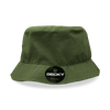 A green bucket hat with a branded logo on the front. The hat features a wide brim and a soft fabric.