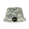 A grey camouflage bucket hat with a branded logo on the side. Ideal for outdoor wear.