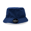 A navy blue bucket hat featuring a circular logo on the front.