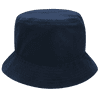 A navy blue bucket hat with a wide brim and a smooth fabric texture. It features a logo on the side.