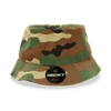 A camouflage bucket hat featuring a wide brim and a branded logo on the front.