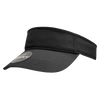 A black visor with a wide brim and adjustable band, featuring a logo on the front.