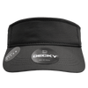 A black visor with a wide, curved brim and a logo, featuring a smooth fabric design.