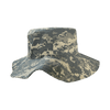 A structured boonie hat in a grey and cream camouflage pattern with a wide brim and a logo.