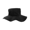 A black bucket hat with a wide brim, featuring a textured fabric and a logo on the side.