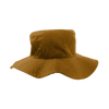 A structured boonie hat in a warm brown colour with a wide brim and a soft fabric texture. Features a logo.