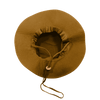 A structured brown hat featuring a wide brim and an adjustable drawstring for secure fitting.