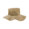 A structured khaki hat with a wide brim and a deep, cylindrical crown. It features a branding logo.