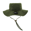 A green bucket hat with a logo, featuring a wide brim and adjustable chin strap.
