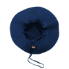 A structured navy blue hat featuring a drawstring and a round, shallow crown design. The hat has a logo.