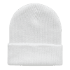 A white knitted beanie cap with a folded cuff, featuring a logo on the side.