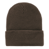 A brown knitted beanie with a folded cuff, featuring a subtle logo.