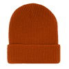 An orange beanie with a ribbed texture and a folded cuff, featuring a logo on the front.