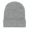 A grey knitted beanie cap with a rolled brim and a textured finish. It features a logo on the side.