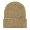 A brown knitted beanie cap featuring a folded brim. The fabric appears soft and warm, suitable for cooler weather.