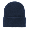 A navy blue beanie cap with a knitted texture and a folded cuff. The item features a logo.