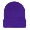 A purple knitted beanie cap with a rolled brim and a textured design. It features a logo on one side.