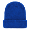 A blue knitted beanie cap featuring a folded cuff and a textured design. It has a simple aesthetic with no logos.
