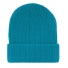 A bright turquoise beanie cap with a ribbed texture and folded brim. The image includes a branding logo.