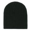 A black ribbed beanie with a soft texture, featuring a simple design. It has a logo on one side.