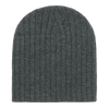 A grey knitted beanie with a ribbed texture. It has a simple, minimalist design.