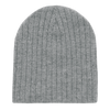 A grey ribbed beanie with a soft texture, featuring a logo on the side.