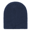 A navy ribbed beanie with a soft texture and a fitted design. It features a logo.