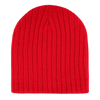 A red ribbed beanie with a knitted texture, featuring a simple design and no visible logos.