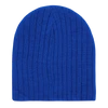 A blue ribbed beanie with a snug fit and a textured design. It features a branding logo.