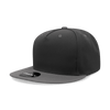A high-profile structured snapback cap in black with a flat brim and a logo on the front.