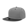 A grey snapback hat with a black brim, featuring a logo on the front. It has a structured high-profile design.