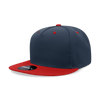 A structured snapback hat in navy with a bright red flat brim and button. It features a logo on the front.