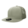 A light green, high-profile structured trucker cap with a mesh back and a branded tag on the front.