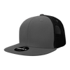 A grey high-profile structured trucker cap with a black mesh back and an attached logo.
