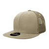 A high-profile structured trucker cap in khaki with a mesh back and a logo on the front.