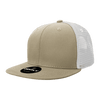 A high-profile structured trucker cap in khaki with a white mesh back and a branded tag on the front.