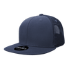 A high-profile structured trucker cap in navy blue, featuring a mesh back and a circular logo on the front.
