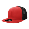 A red and black 6 panel high profile structured trucker hat with a mesh back and a logo.