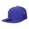 A purple high-profile structured trucker cap with a mesh back and a logo on the front.