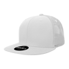 A white 6 panel high profile structured trucker cap with a mesh back and a logo on the front.