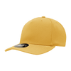A yellow 5-panel mid-profile structured cap with a curved brim and a logo on the front.
