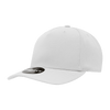 A white 5 panel mid profile structured cap with a curved peak and a logo on the front.
