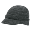 A grey knitted beanie with a curved brim, featuring a textured pattern and a snug fit.