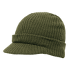 A green knitted cap with a small brim and textured design. It features a fitted style for warmth.