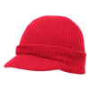 A red knitted cap with a visor, featuring a textured pattern and a snug fit. It has no visible logos or branding.