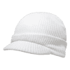A white knit cap with a peak, featuring a textured design and a snug fit. It includes a branding logo.